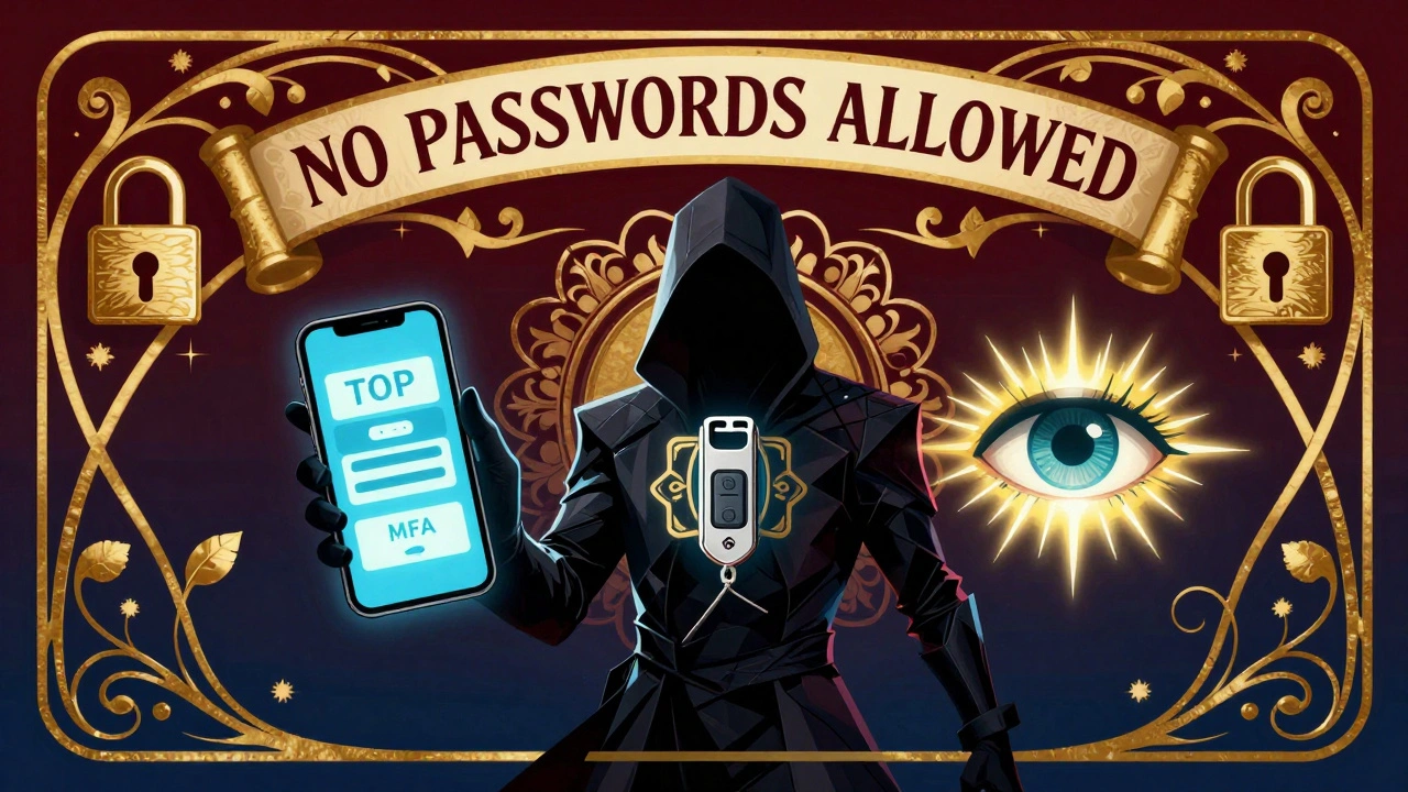 A hacker repelled by three MFA factors—phone, security key, and biometric eye—in an ornate Art Nouveau composition.