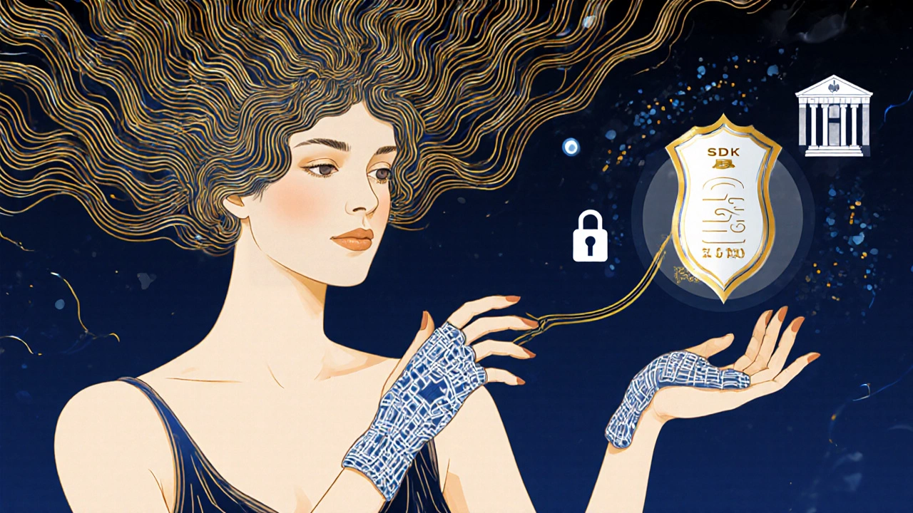 A hybrid fintech figure using both SDK and API in flowing Art Nouveau design with digital and organic elements