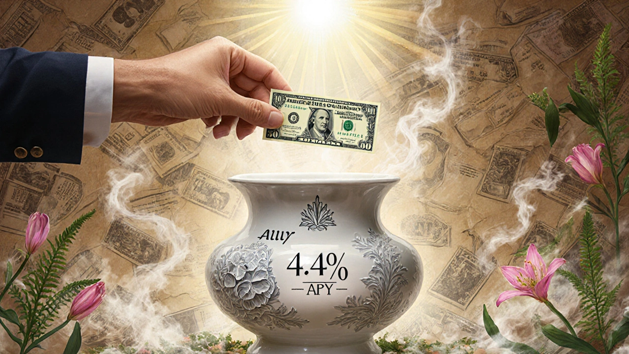 A man depositing cash into a floral-patterned high-yield savings account, with debt dissolving into smoke.