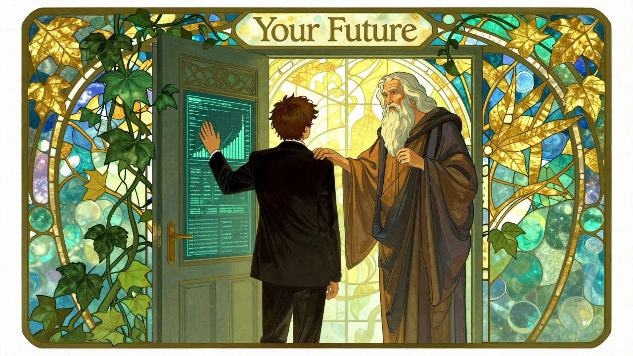 A person at a doorway between digital markets and a wise advisor, bathed in stained-glass light and ornate vines.