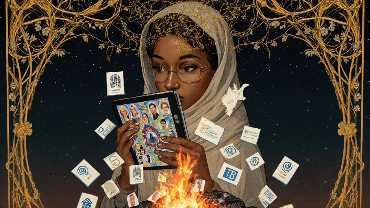 A refugee holding a biometric tablet, her iris reflecting financial symbols, as paper IDs burn and golden data flows upward in ornate vines.