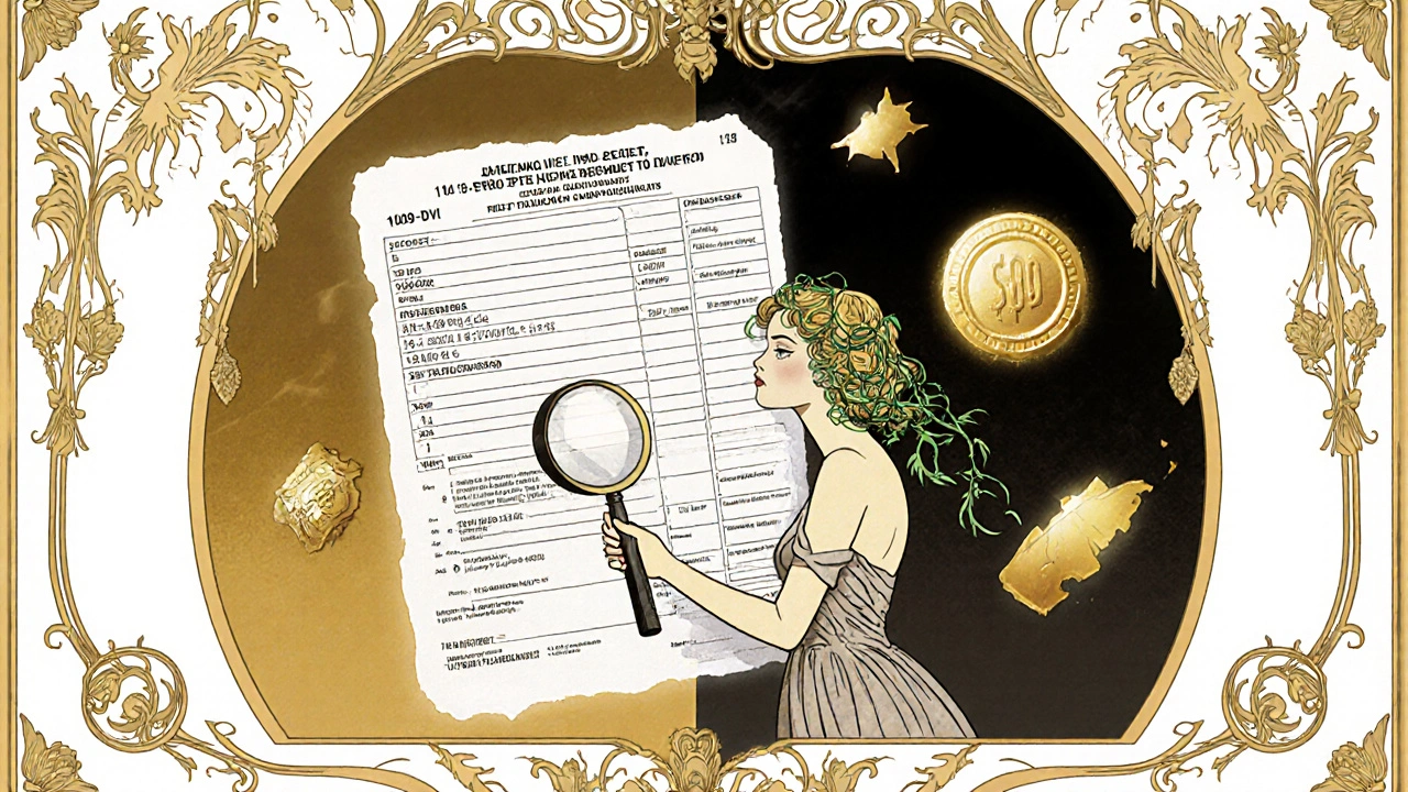 A woman examining a 1099-DIV form with floral symbols distinguishing qualified and non-qualified dividends.