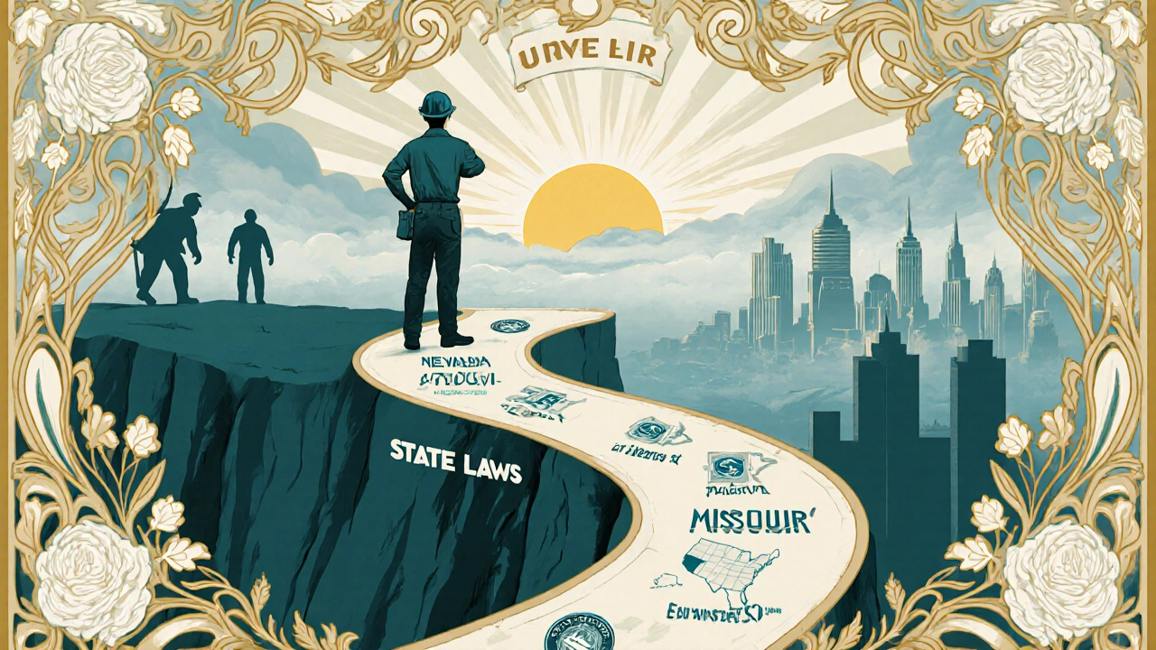 A worker stands at a cliff of state laws, with predatory lenders fading behind.