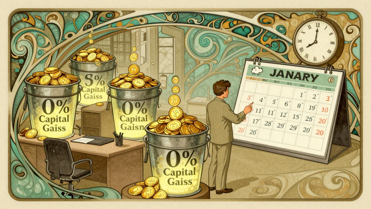 A worker watching tax bracket buckets fill with gold coins, one overflowing with tax-free gains.