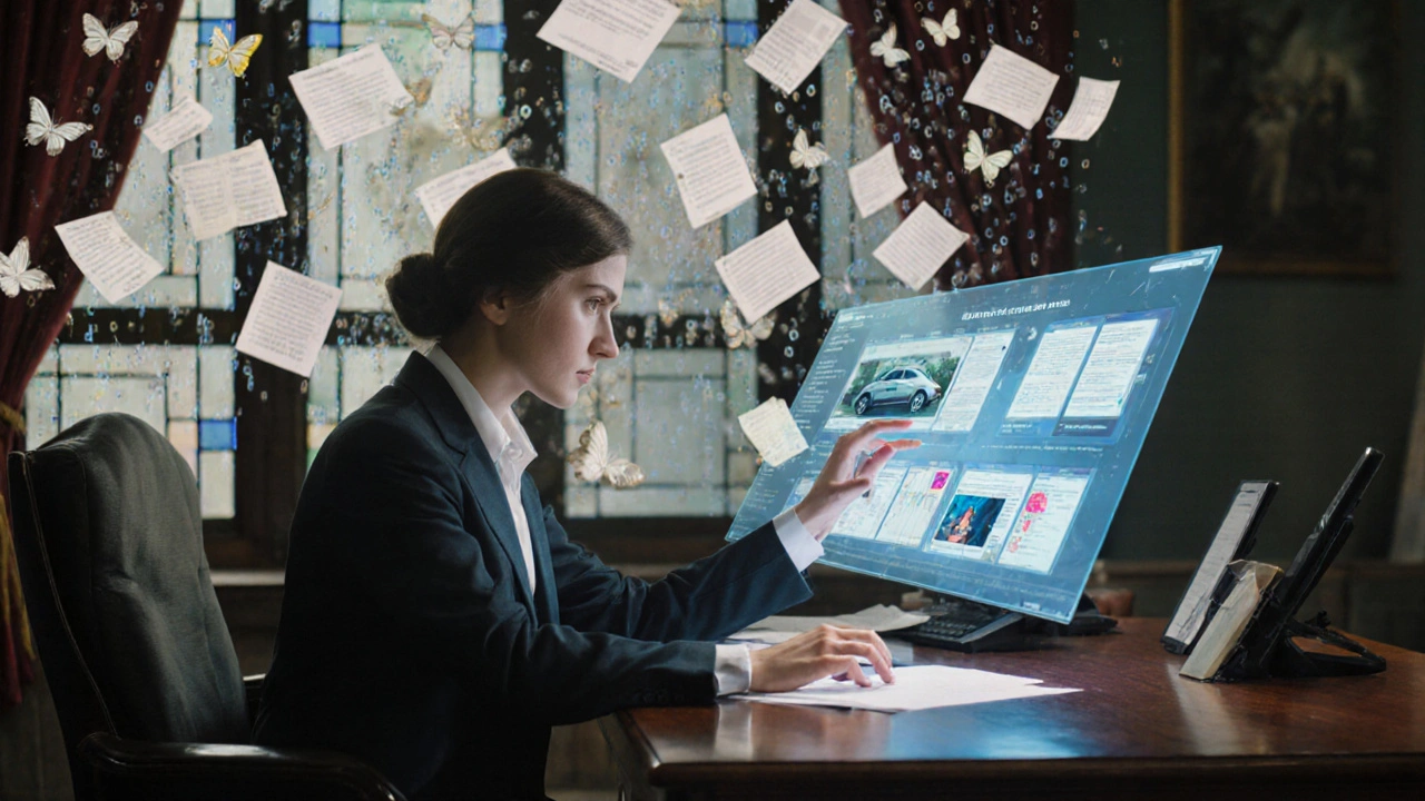 Adjuster guiding holographic AI claim analysis as paper documents turn into butterflies.