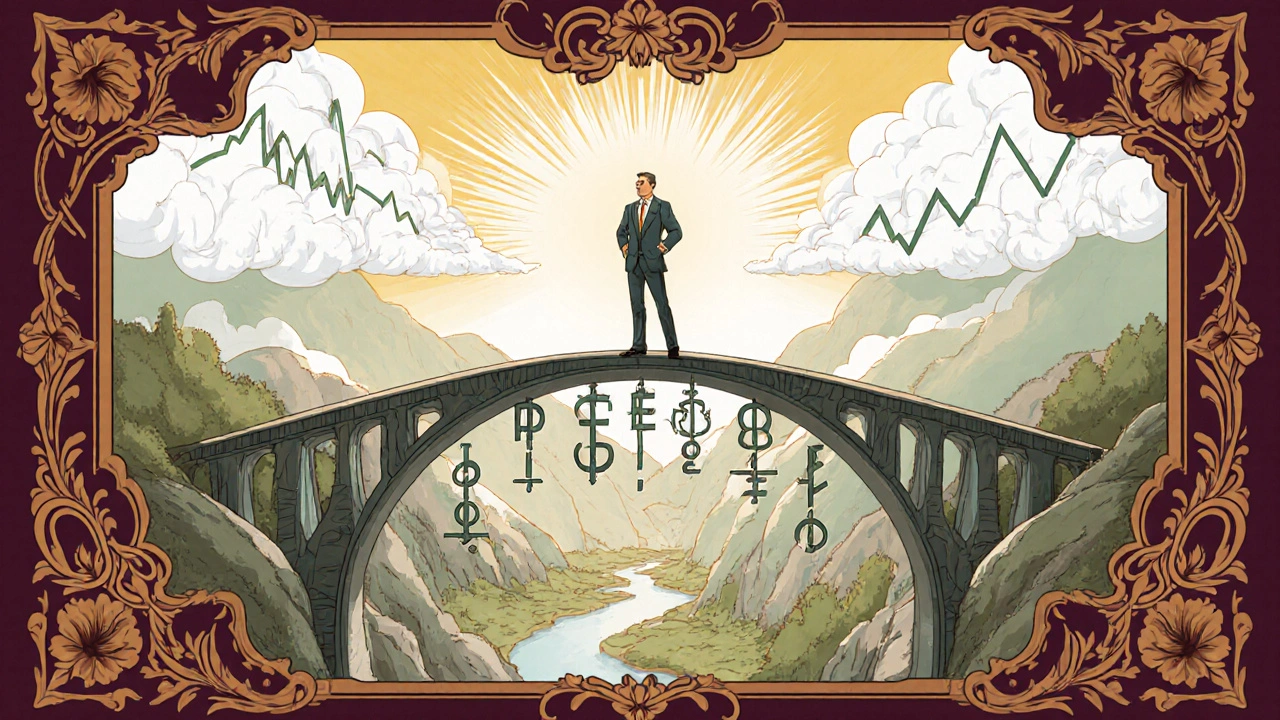 An investor on a bridge of PEG ratios, overlooking speculative stocks and value traps, bathed in golden light.