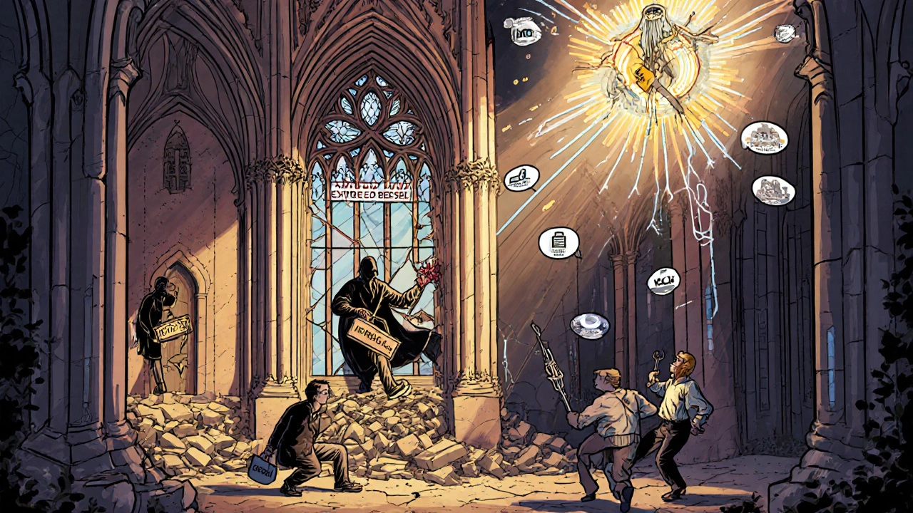 Breached server cathedral repaired by fintech team using security tools, with an AI oracle predicting threats above.