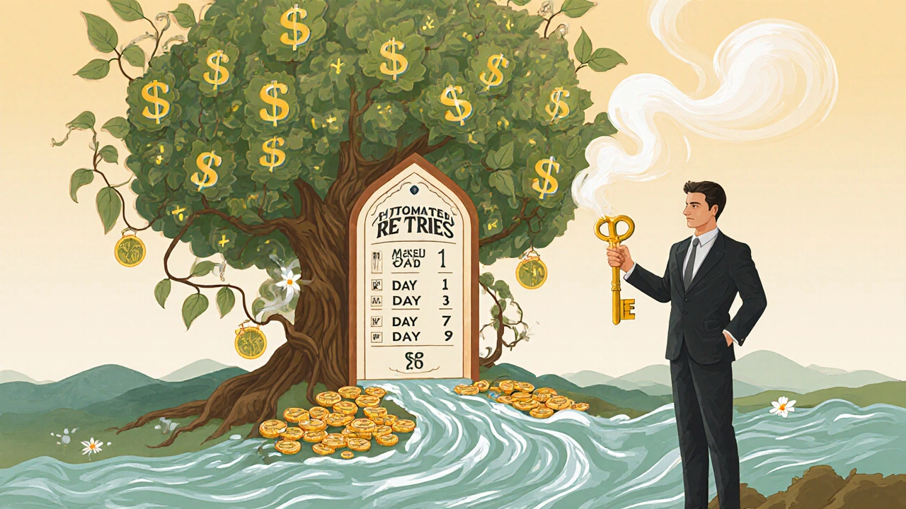 Business owner unlocking a card-shaped door with a golden key, releasing a river of coins into a tree of dollar sign leaves.