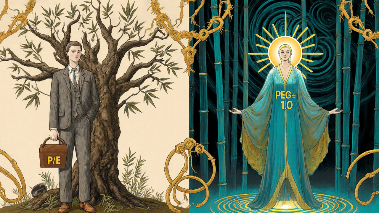 Contrasting figures beside withered tree and thriving bamboo, symbolizing low growth vs. high growth stocks in Art Nouveau style.