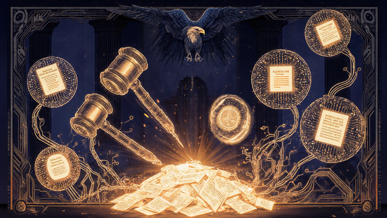 Courtroom scene with digital gavel striking rejected loans as compliance icons bloom from unraveling algorithms.