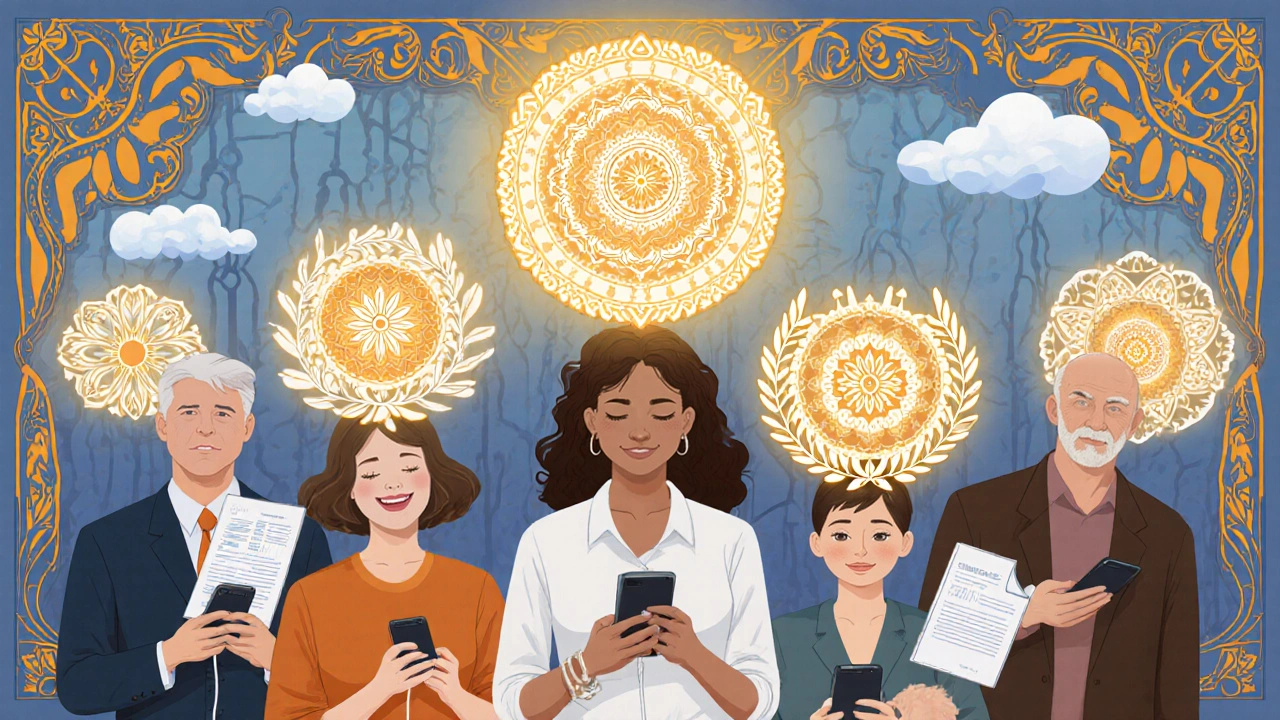 Diverse customers smiling as digital payout notifications bloom like floral mandalas above them.