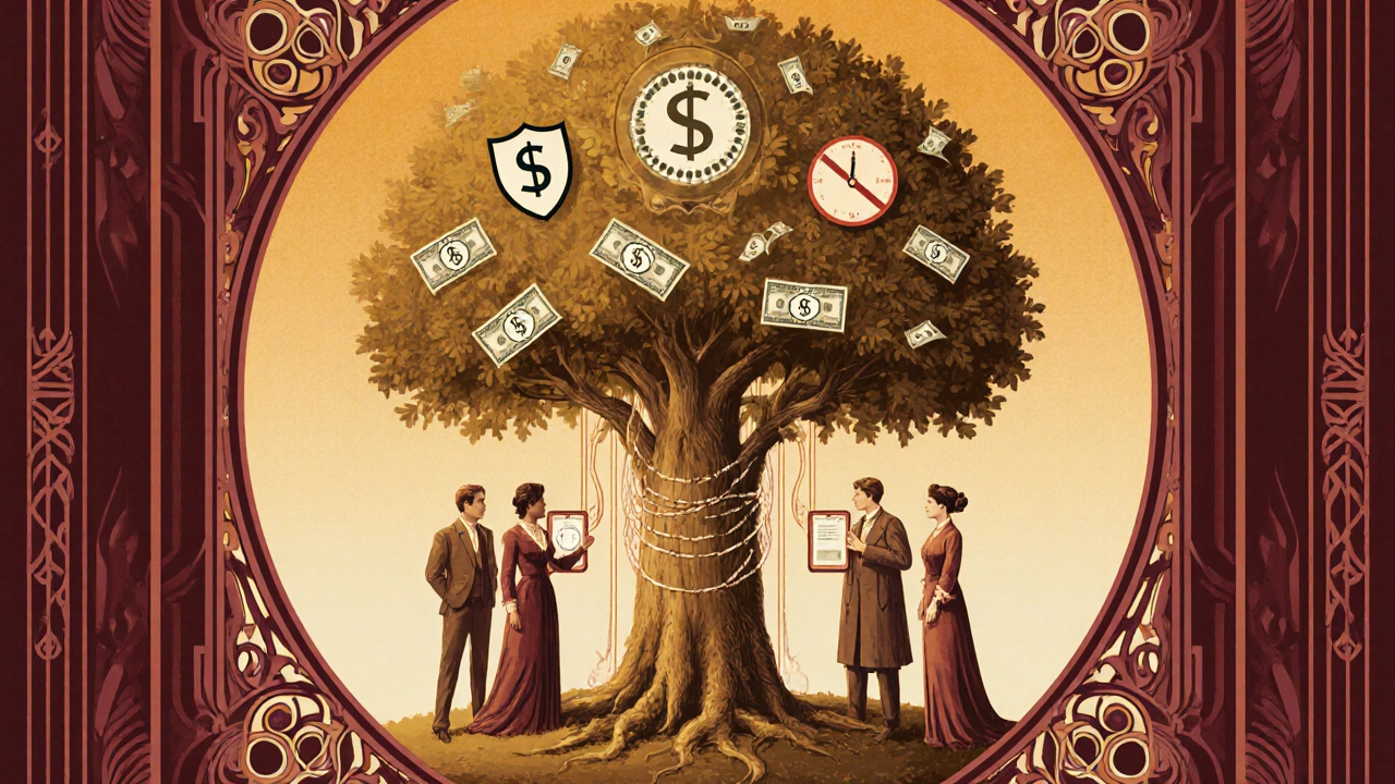 Employees gather around a payroll tree with dollar bill leaves and compliance symbols.