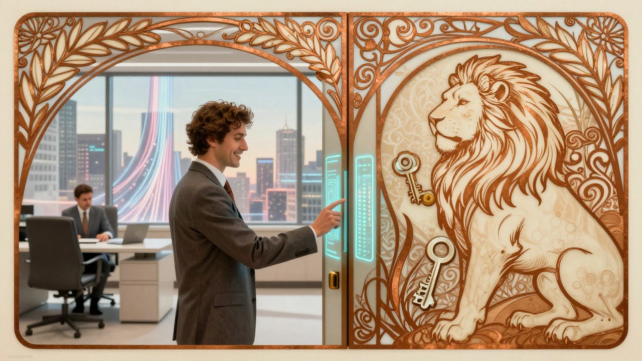 Employees logging in with passkeys in a futuristic fintech office, guarded by a lion with a security key mane, surrounded by flowing data ribbons.