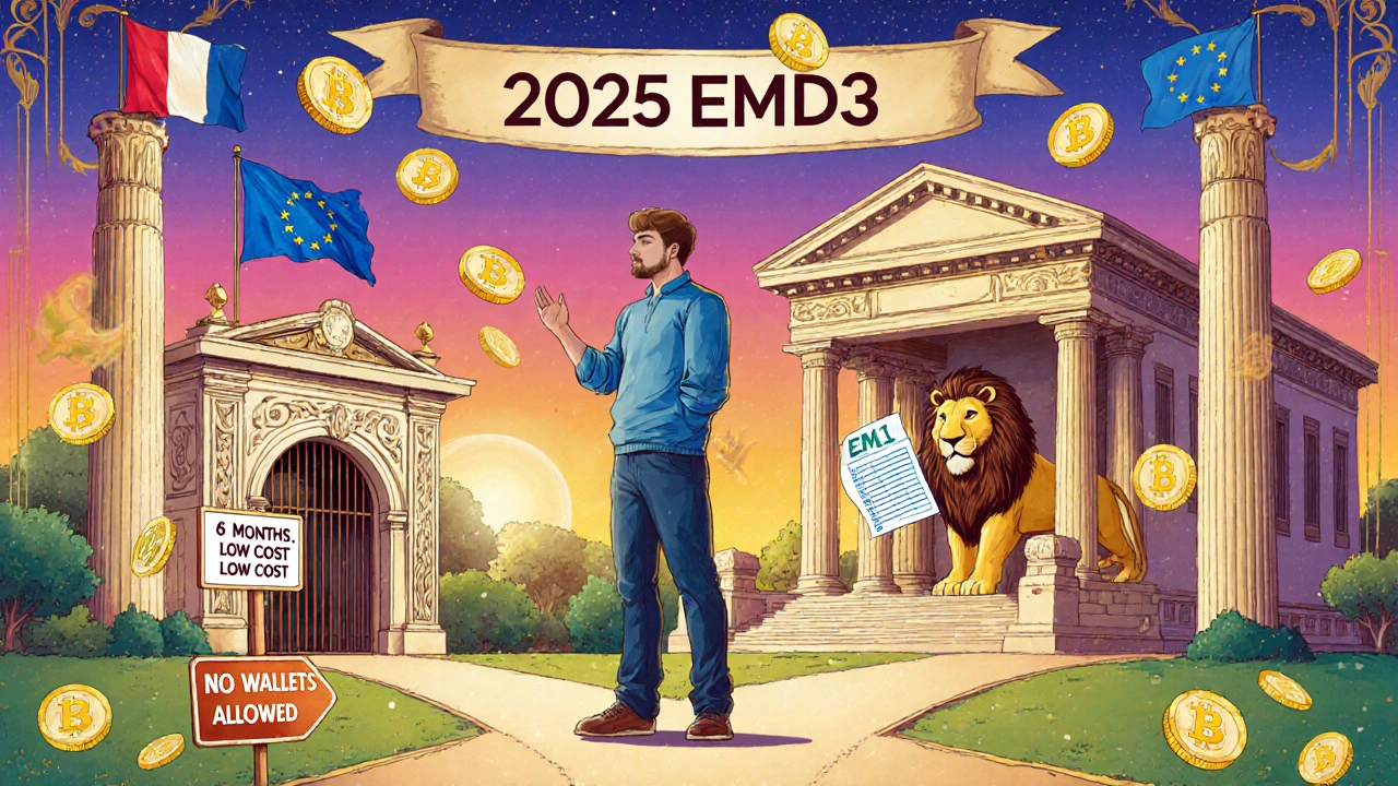 Fintech founder at a crossroads between PI and EMI paths, guarded by a lion with balance sheet, surrounded by crypto and European motifs.