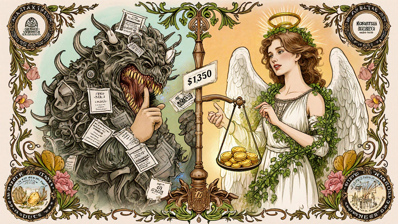 Split scene: FIFO monster consuming savings vs Specific ID guardian offering tax savings key.