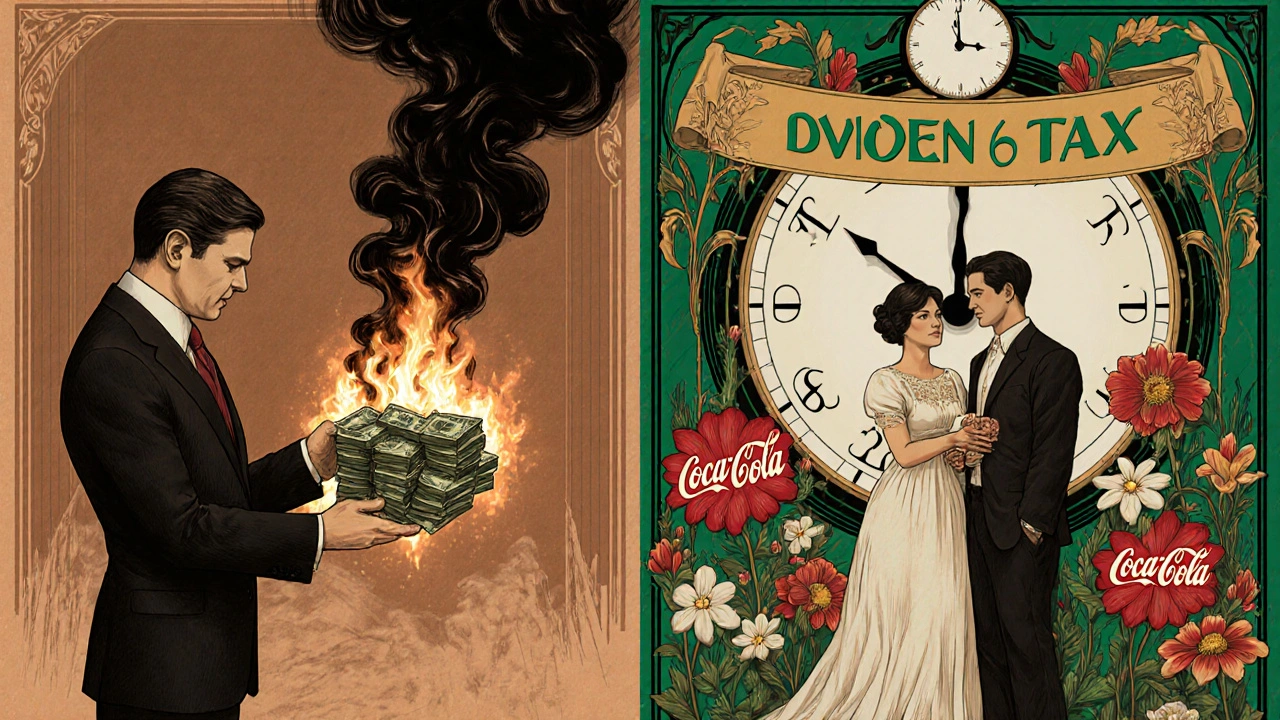 Split scene: one side shows high taxes with dark smoke, the other shows tax-free dividends under blooming corporate flowers.