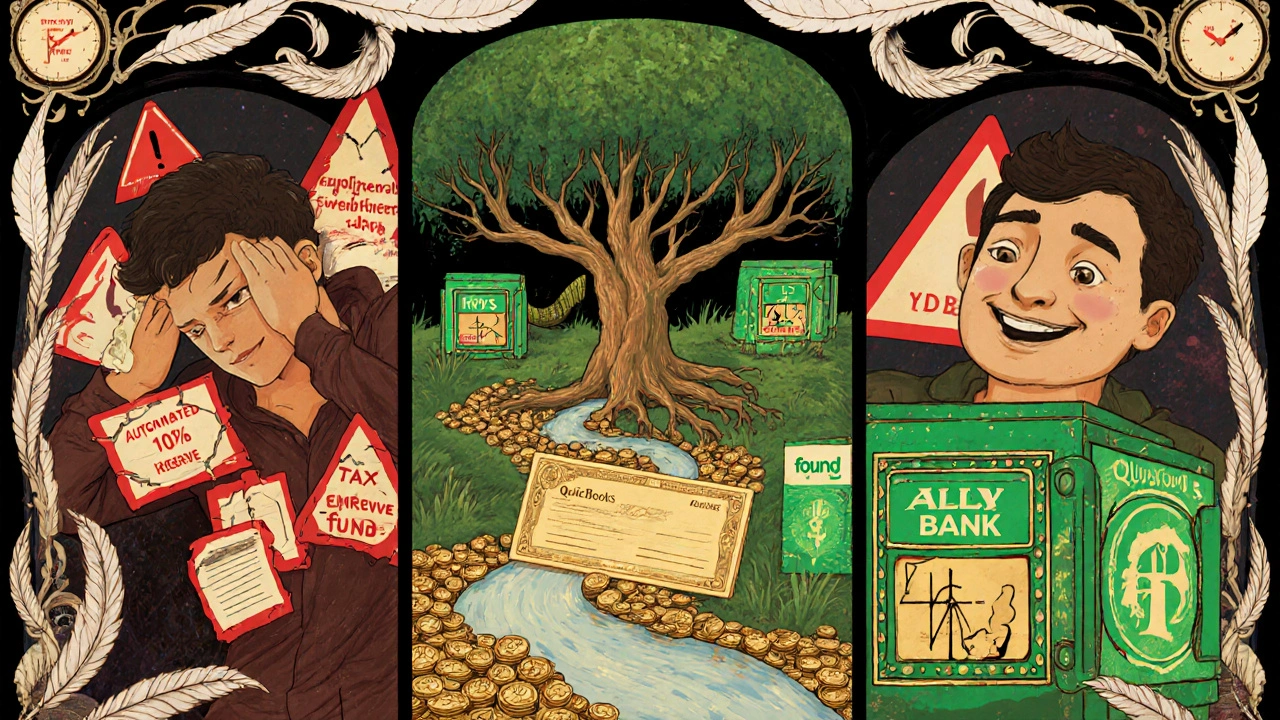 Split scene: stressed freelancer vs. calm one with financial vaults, connected by a coin river in Art Nouveau style.