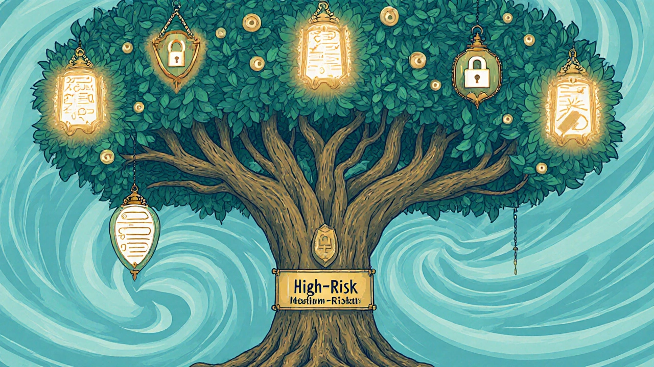 Three-tiered vendor tree with armored branches, scanning eyes, and AI lanterns in flowing Art Nouveau design.