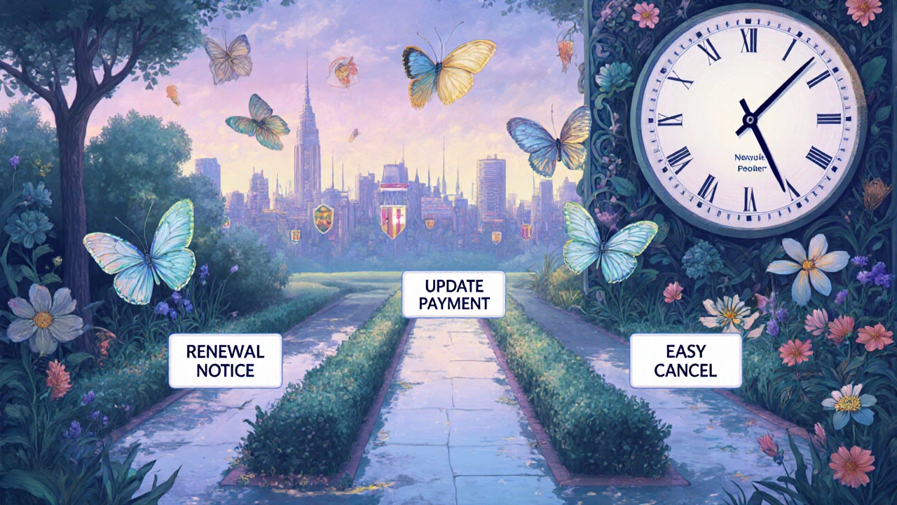Tranquil customer portal garden with pathways for renewal, payment updates, and easy cancellation, adorned with email butterflies.