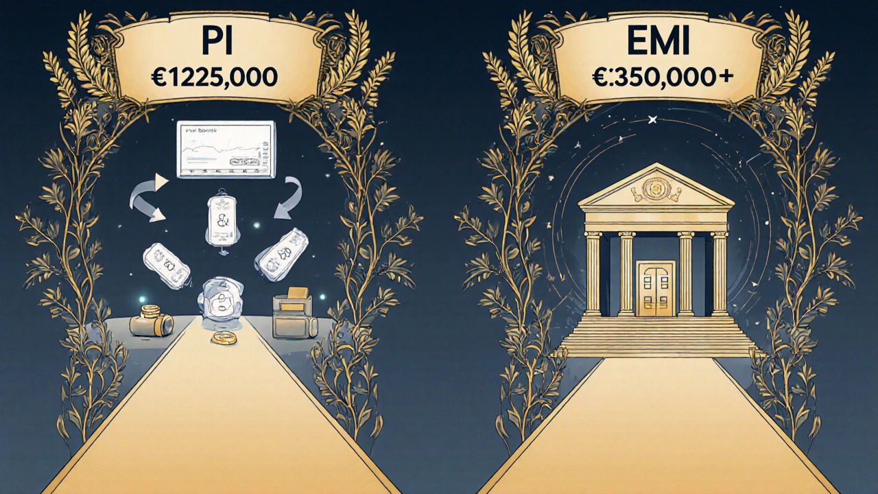 Two parallel paths in Art Nouveau style: one for PI payments, one for EMI banking with safeguarded assets and vaults.