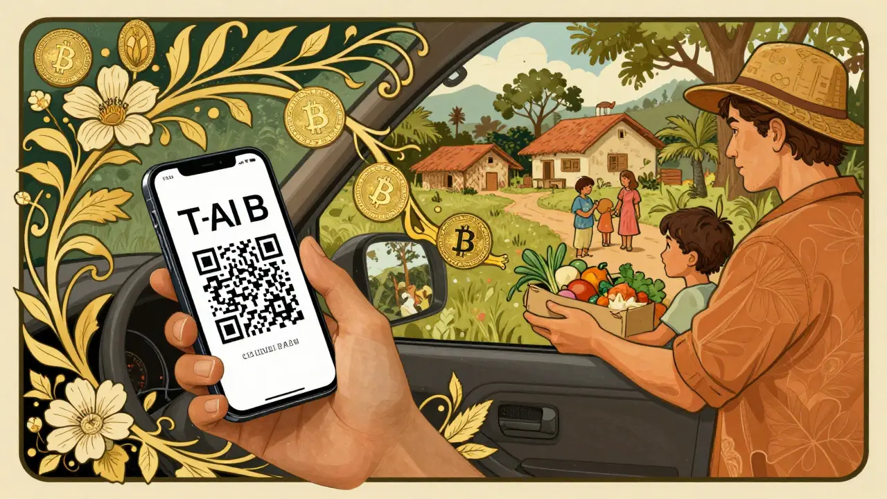 A Colombian taxi driver using a smartphone to send crypto payments, with floral vines transforming into digital tokens.