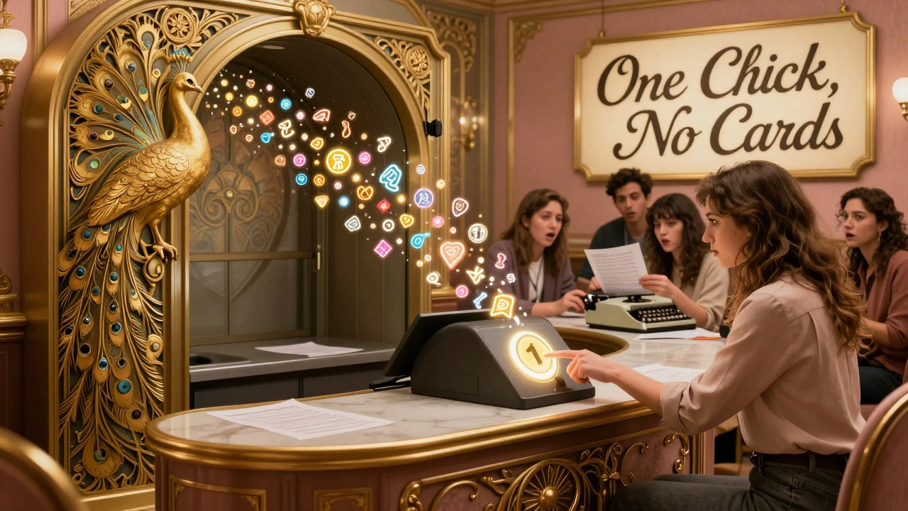 A customer clicks a token button at an elegant checkout counter, while outdated payment tools fade behind her in Art Nouveau advertising style.