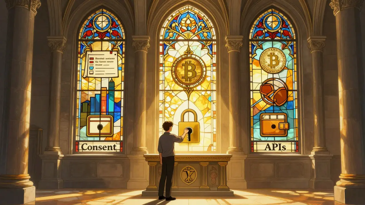 A grand financial cathedral with stained-glass windows showing different accounts, lit by golden light and labeled 'Consent' and 'APIs'.