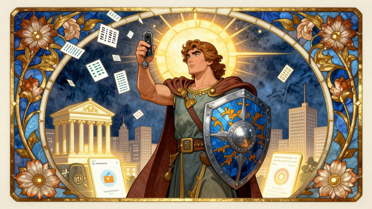 A hero holds a YubiKey shield against falling SMS codes, with glowing authenticator app and protected banks in ornate Art Nouveau design.