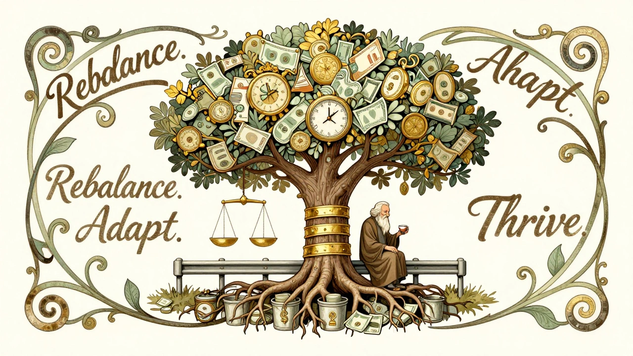A hybrid retirement tree with guardrails and buckets, surrounded by flowing vines and golden text.