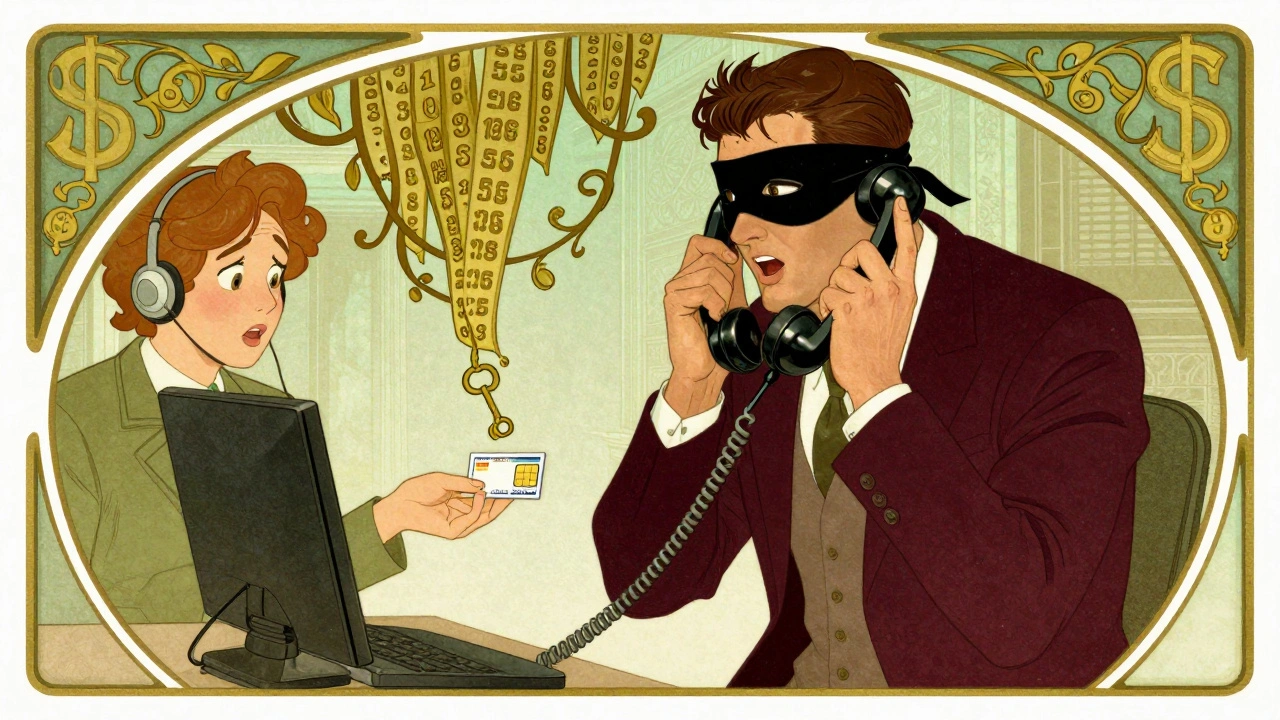 A masked attacker receives a SIM card from a call center agent, surrounded by swirling phone numbers and dollar vines in vintage poster style.