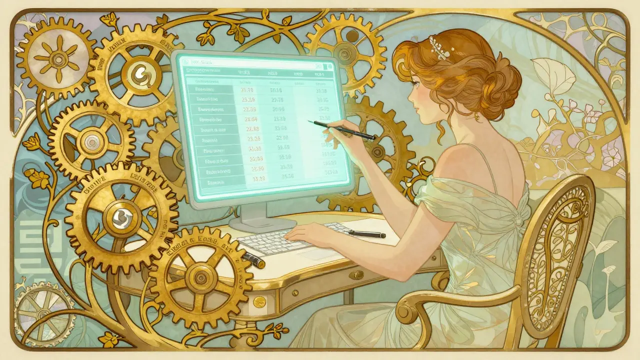 A woman at an ornate desk with interconnected gears representing banks, brokerages, and insurers, above a glowing financial dashboard.