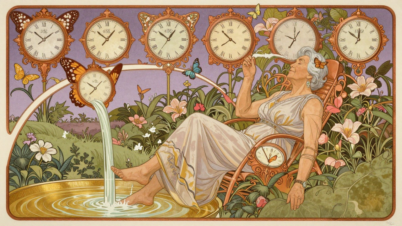An elderly person in a garden of floating decades as blooming clocks, with automated transfers feeding a golden pond.