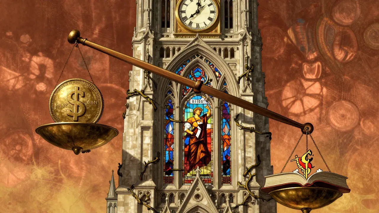 Financial cathedral with lever balancing dividend and book value, bound by repo ropes under a Fed clock.