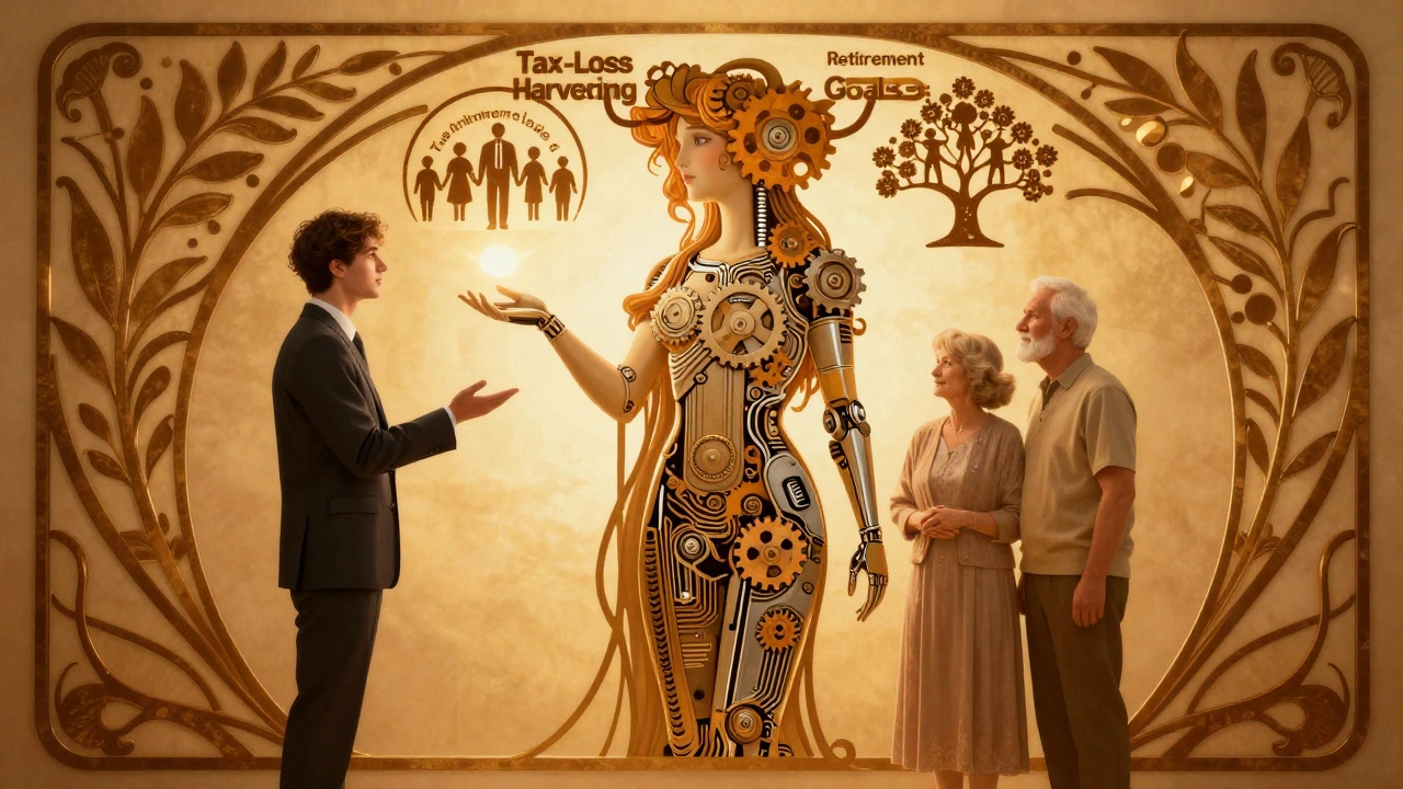 Hybrid advisor with mechanical and human parts guides clients, surrounded by financial symbols in flowing Art Nouveau style.