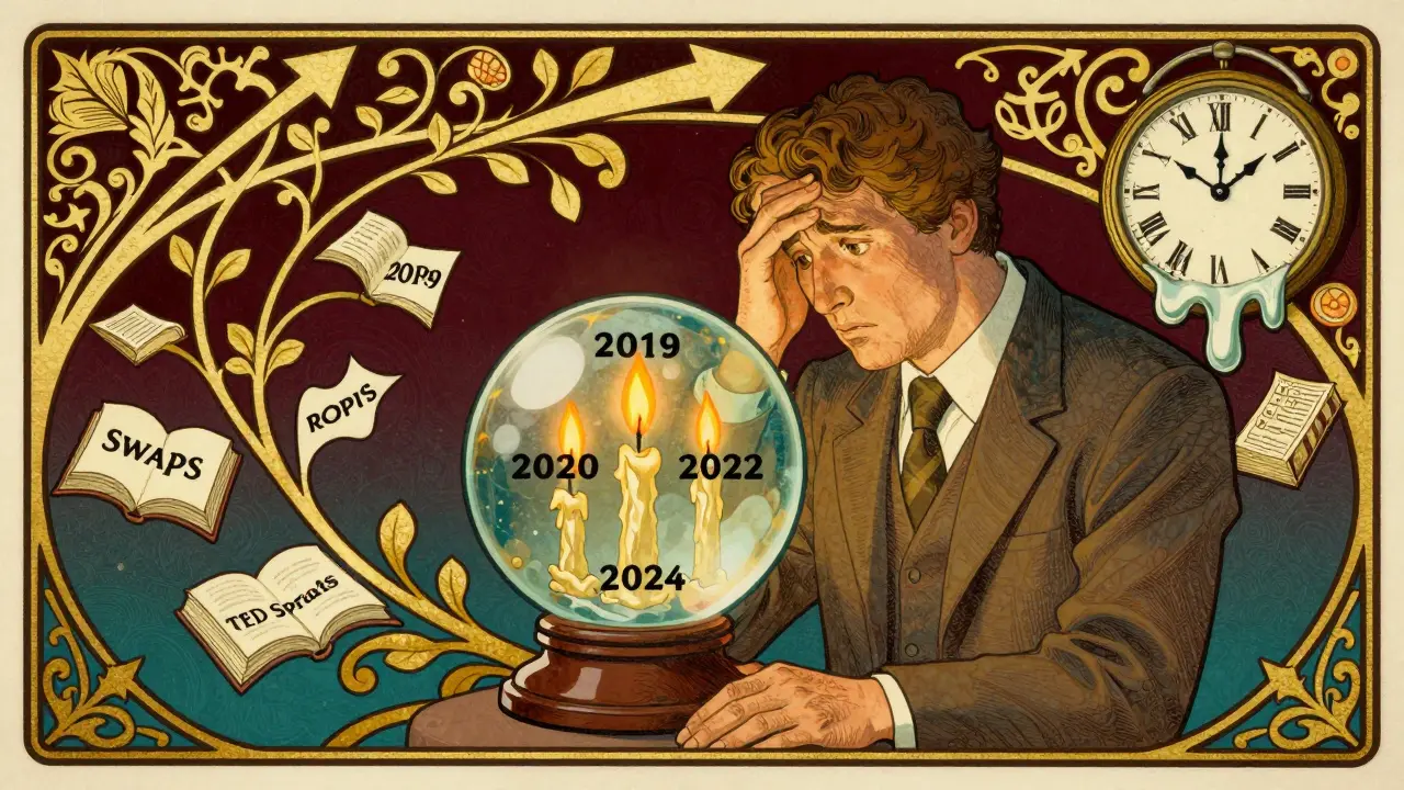 Investor gazes into a crystal ball of fading dividends amid twisting financial vines.