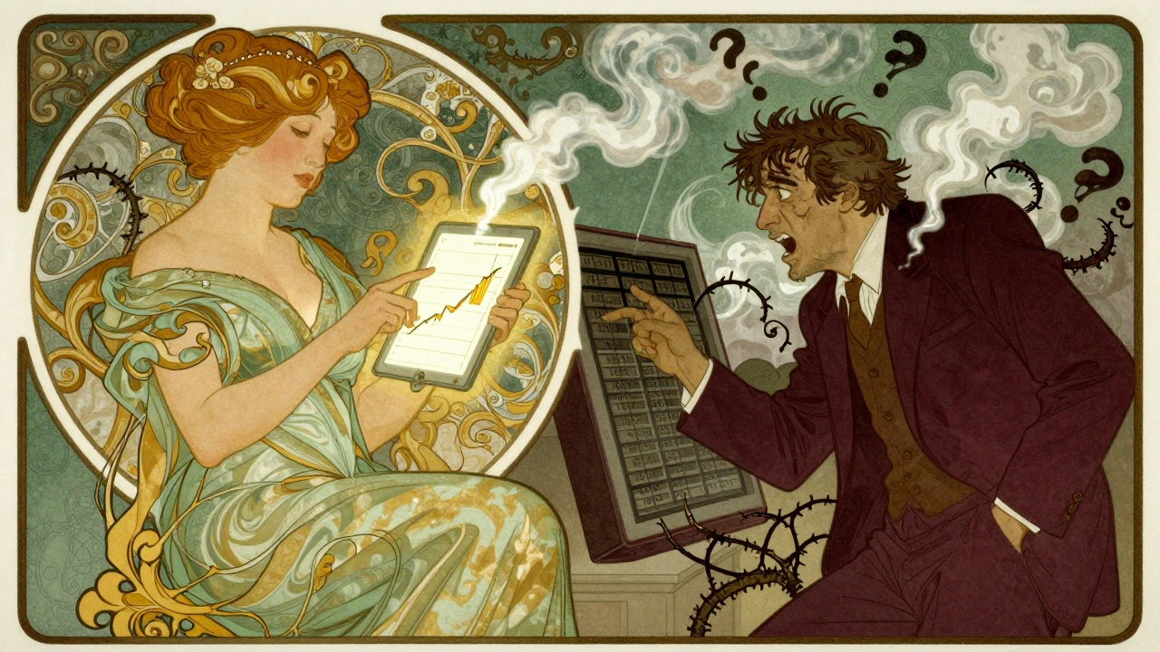 Split scene: calm woman with robo-advisor tablet vs. stressed man facing crashing stocks, in ornate Art Nouveau design.