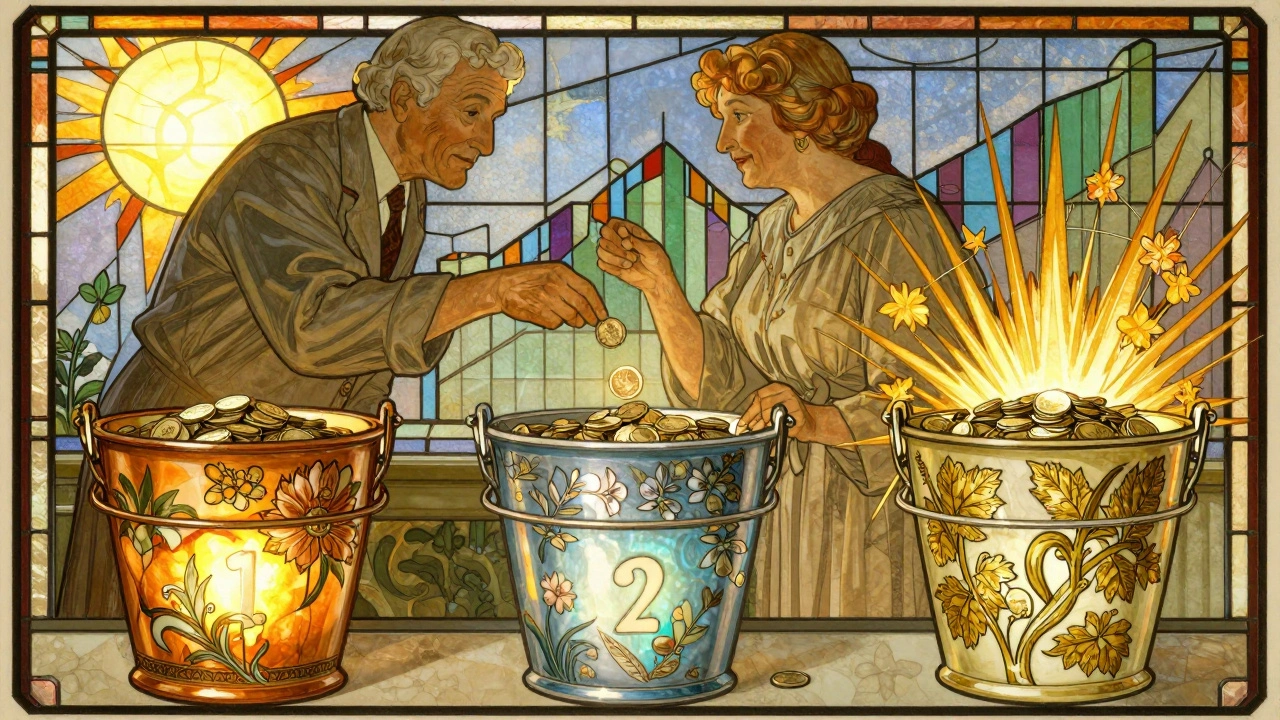 Three decorative buckets transferring coins under a sunlit window in Art Nouveau design.
