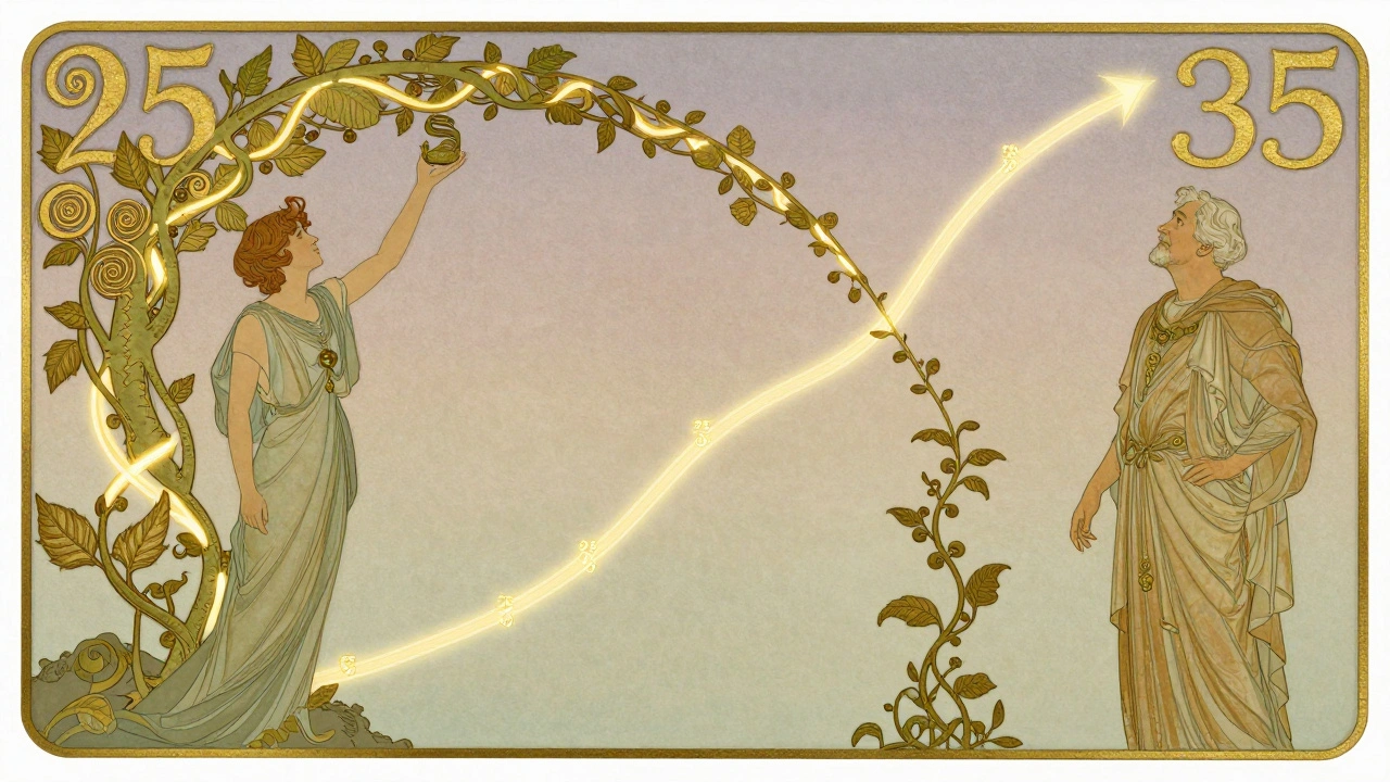 Two figures beside growing vines: one tall and flourishing, the other small and stunted, symbolizing early vs late investing.