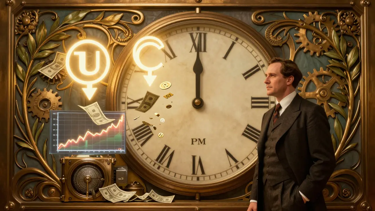 A calm investor watches option symbols activate, directing cash flows between stocks and bonds in Art Nouveau style.