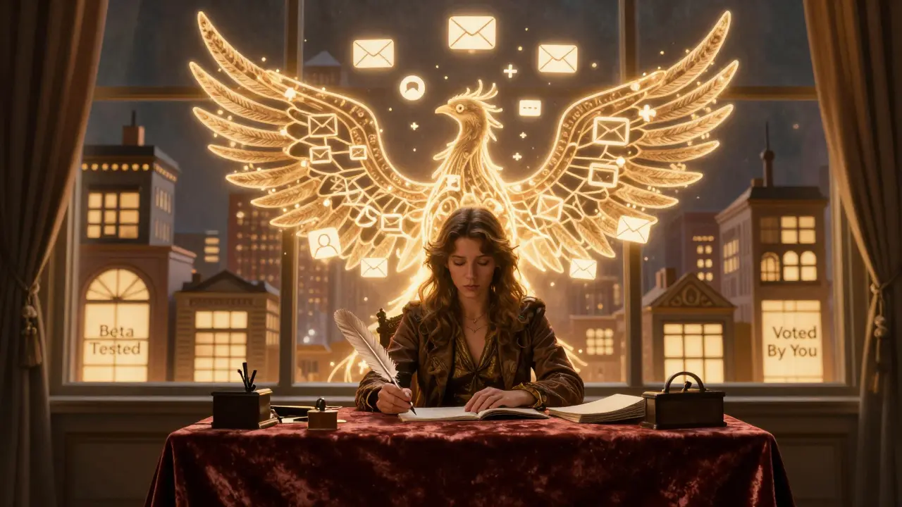 A figure at a desk with a phoenix of email notifications rising behind them, symbolizing community and co-creation in Art Nouveau design.