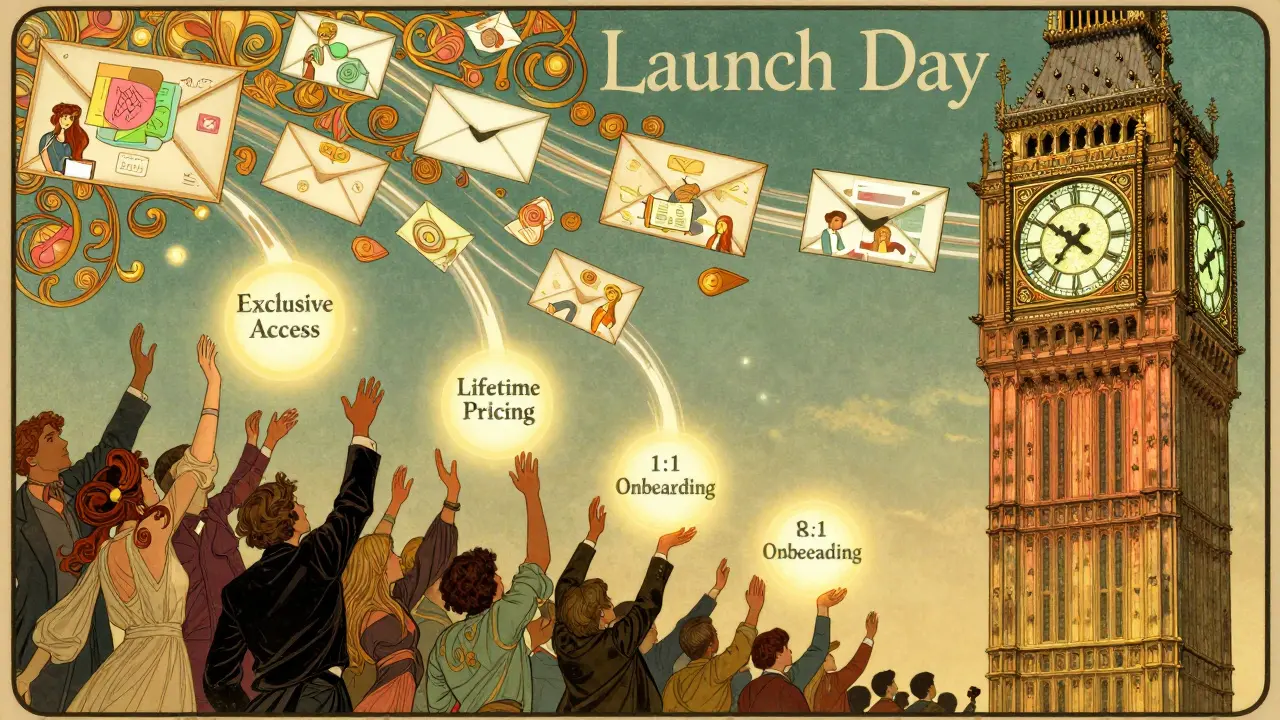 A grand clocktower with flowing email envelopes and a crowd reaching for glowing access rewards in Art Nouveau style.