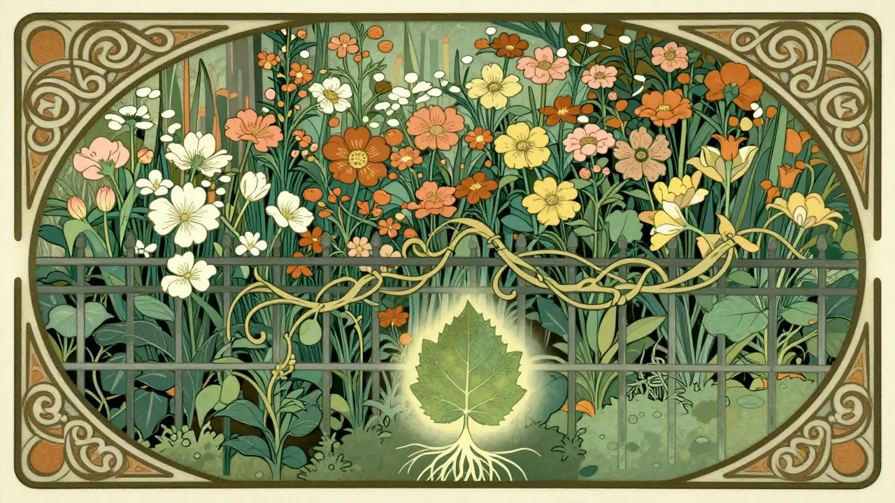 A portfolio garden with stocks overgrown, tamed by a collar of vines, while a put leaf glows with cash.